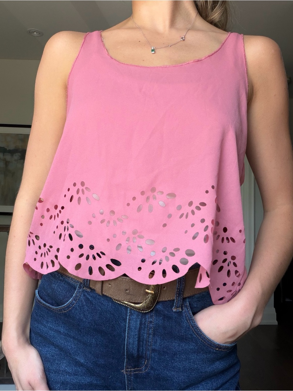 Brandy Melville Rare Pink Laser-Cut Scalloped Hem Camisole